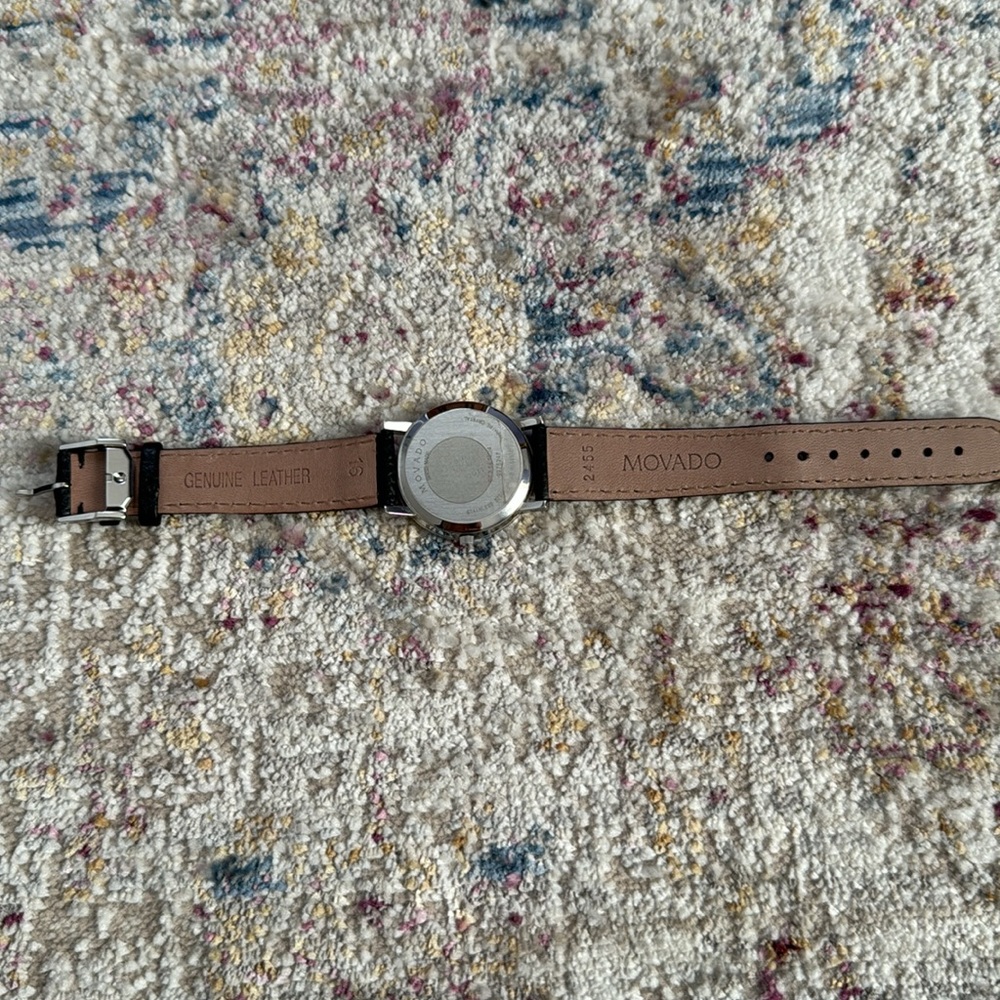 Movado Museum collection women’s silver watch with black leather band. - Picture 7 of 11